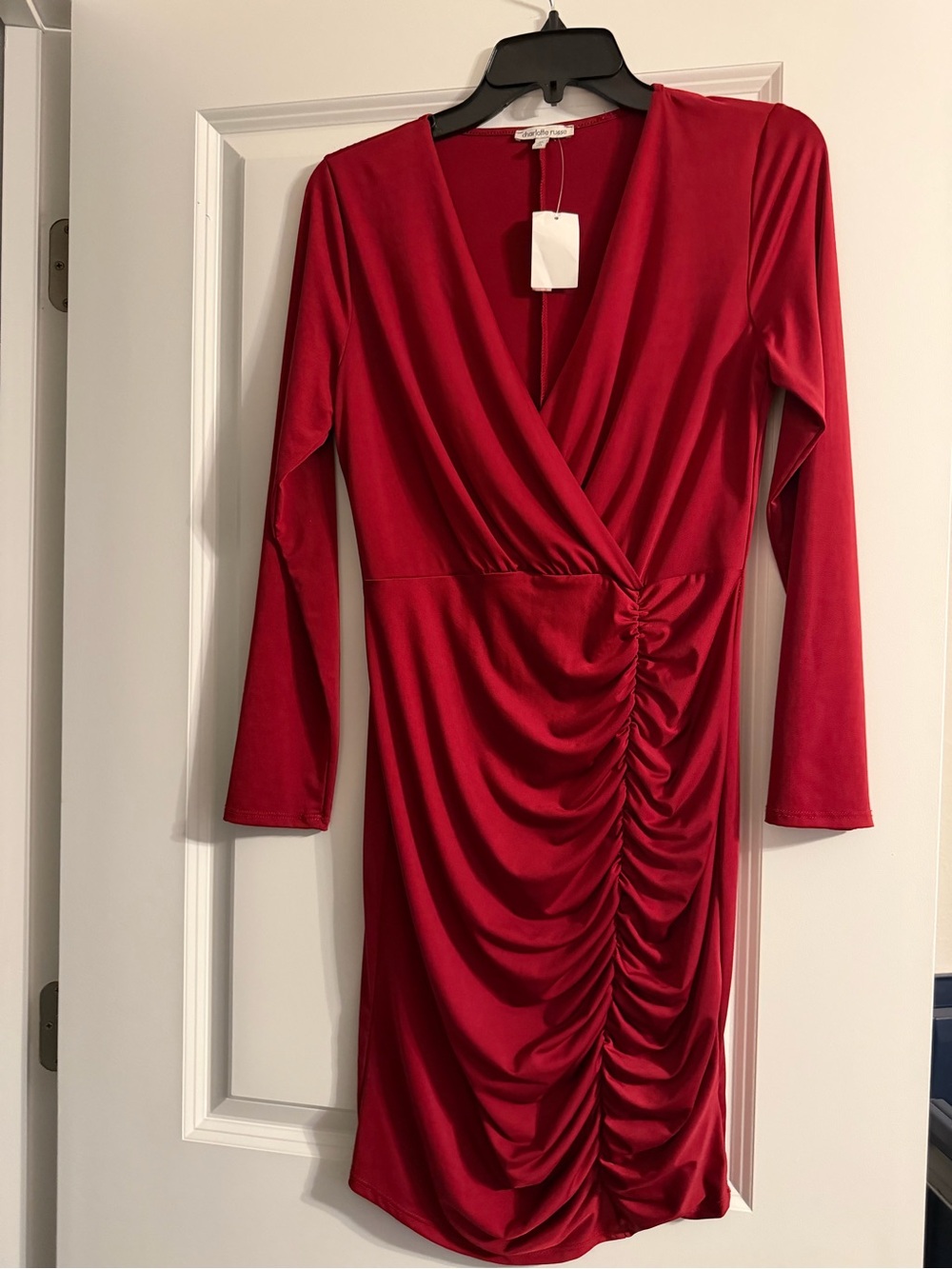 Charlotte Russe Red Ruched Wrap-Front Long Sleeve Dress